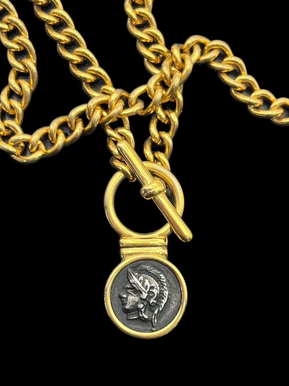 Faux ancient silver tone Roman coin gold tone curb chain necklace toggle clasp